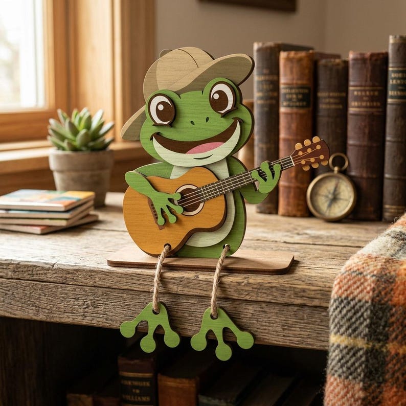 Peut inclure: Figurine en bois repr&eacute;sentant une grenouille verte jouant de la guitare, coiff&eacute;e d'un chapeau beige. La bouche de la grenouille est rose, les yeux bruns. La guitare est marron avec une rosace claire. Les pattes de la grenouille pendent avec des pieds verts.