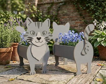 Vaso per piante a forma di gatto SVG, decorazione da giardino a tema animali, file per taglio laser, grazioso design di vaso di fiori in legno, arte per esterni, design digitale Glowforge xTool