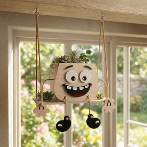 May include: A whimsical wooden planter shaped like a smiling face, suspended by rope. The planter holds various succulents and greenery. The design includes large eyes, a wide grin, and dangling black feet. The planter is hanging in front of a window.
