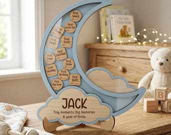 Personalized Moon Baby Milestone Sign SVG, Newborn Memory Plaque Laser Cut File, Nursery Decor, Glowforge xTool CNC