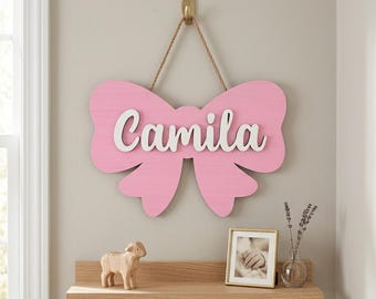 Personalized Bow Name Sign SVG, Custom Girl Name Sign Laser Cut File, Nursery Name Wall Decor SVG, Baby Girl Room Sign SVG, Glowforge