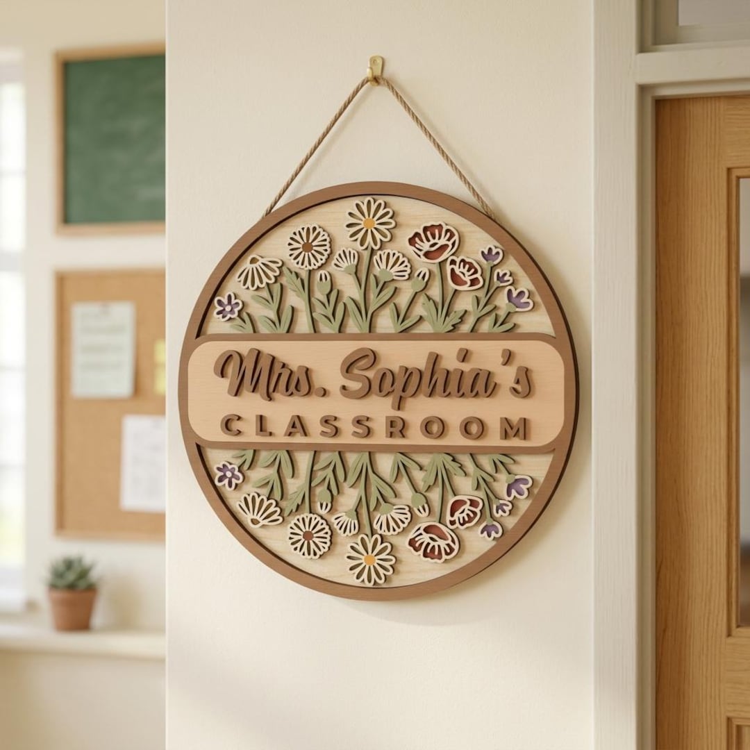 Personalized Classroom Name Sign SVG, Floral Teacher Door Hanger Laser ...