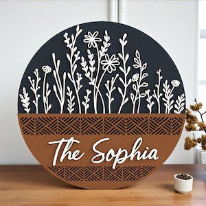 Puede incluir: Un letrero redondo de madera con un fondo azul oscuro y recortes florales blancos. La sección inferior es marrón con un patrón geométrico y el nombre "The Sophia" en escritura blanca. El letrero se exhibe sobre una mesa de madera.