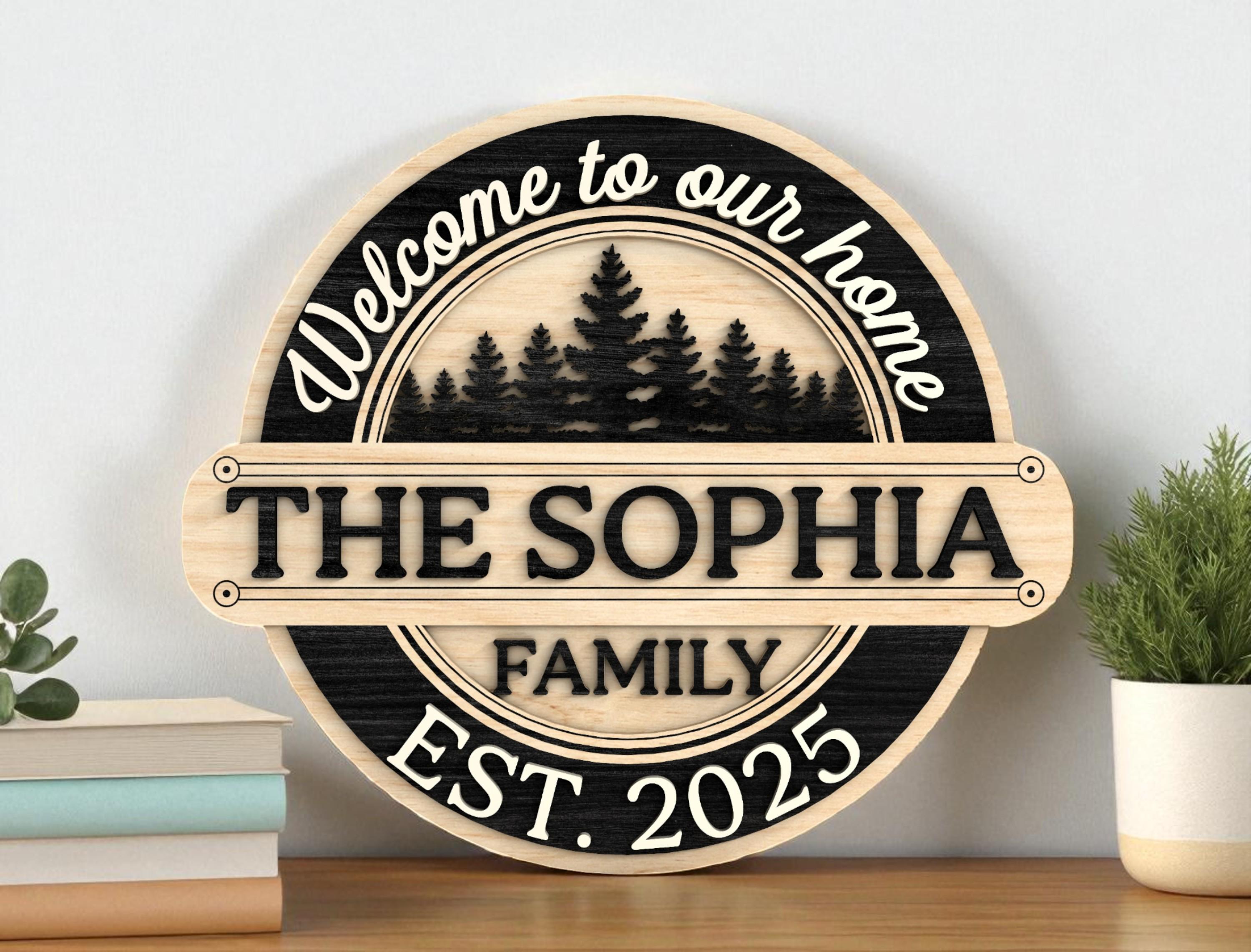 Tree Round Sign Personalized Family Door Hanger SVG, Forest Pine Tree Round Sign ...