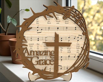 Amazing Grace SVG, Christian Cross with Crown of Thorns, Hymn Music Wooden Sign,Christian Laser Cut File, Easter Decor ,Glowforge xTool