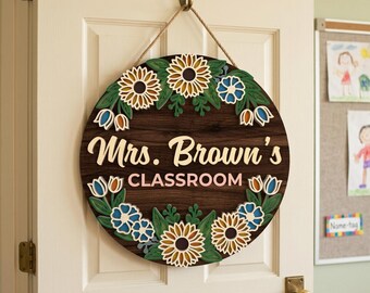 Personalized Classroom Name Sign SVG, Sunflower Tulip Teacher Door Hanger Laser Cut File, School Room Decor, Glowforge xTool CNC Digital