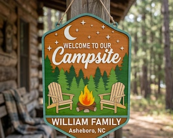 Benvenuti nel nostro campeggio SVG, Cartello personalizzato per campeggio in famiglia, Cartello personalizzato con il nome del campeggio, Decorazioni per campeggio all'aperto, File per Cricut Glowforge