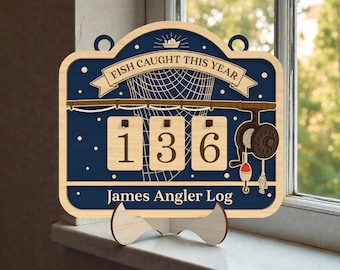 Personalized Fishing Rod Tracker SVG, Fish Counter Laser Cut File, Custom Angler Log, Fisherman Gift for Dad, Catch Sign Glowforge xTool