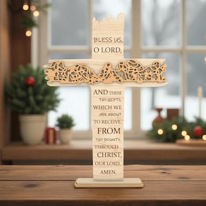 Bless Us O Lord Cross gesneden bestand SVG, christelijk gebed lasergesneden bestand, religieus tafeldecor, houten kruis met gebed, Faith Glowforge SVG