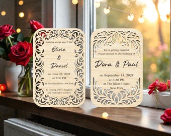 Bruiloft uitnodiging SVG, filigraan en blad lasergesneden bestand Svg, rustieke houten kaartsjabloon, elegante uitnodiging Svg, Glowforge xTool Cricut Project
