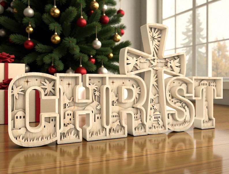 May include: A wooden Christmas decoration spelling out the word "CHRIST" with a cross above the "T". The letters and cross are intricately carved with a nativity scene and palm trees. A Christmas tree with ornaments is in the background.