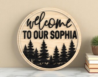 Personalized Welcome Door Hanger SVG, Pine Tree Forest Round Sign, Custom Family Name Laser Cut File, Nature Decor, Glowforge xTool Pattern