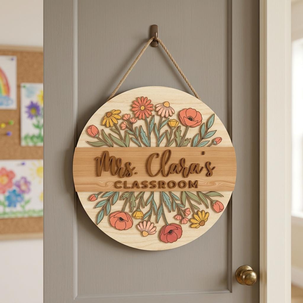 Floral Teacher Door Hanger SVG, Personalized Classroom Name Sign Laser ...