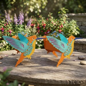 May include: Two decorative hummingbird planters in orange, yellow, and teal, with blue beaks and pink wing accents. Each planter holds small blue flowers. The planters are on a wooden table, with a garden background.