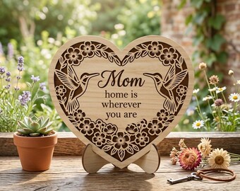 Mother's Day Hummingbird Heart SVG, Laser Cut Heart Plaque File, Mom Birthday Gift Wood Decor, Glowforge xTool CNC Digital Design, Mom Gift