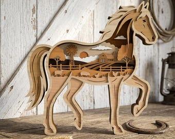 Western Horse Cowboy Multilayer SVG Bundle, Ranch Scene Laser Cut File, Rustic Farm Horse Wood Art, Glowforge xTool LightBurn SVG