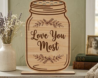 Portafiori in barattolo Mason per la Festa della Mamma (SVG), regalo per la mamma, portavaso in legno, decorazione rustica stile fattoria, file per taglio laser Cricut Glowforge