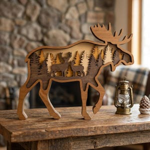 May include: A wooden moose-shaped layered art piece. The moose is brown with a detailed cutout design featuring a forest scene with trees and deer. The art piece is displayed on a wooden table, with a lantern and pinecone nearby.