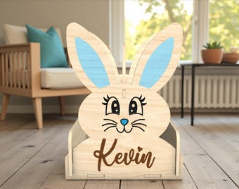 File SVG con taglio laser personalizzato per cestino pasquale a forma di coniglietto, graziosa scatola per dolcetti a forma di coniglio con nome, decorazioni pasquali in legno 3D per bambini, file SVG Glowforge