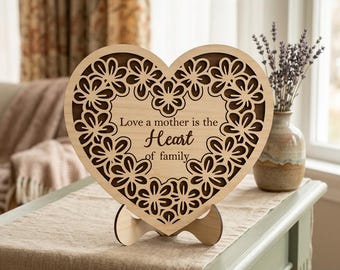 Mother's Day Heart Plaque SVG, Floral Heart Laser Cut File, Mom Birthday Gift Wood Decor, Glowforge xTool CNC Digital Design, Family Gift