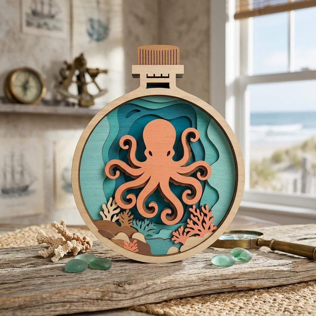 Octopus in a Bottle Multilayer SVG, 3D Ocean Shadow Box Laser Cut File ...