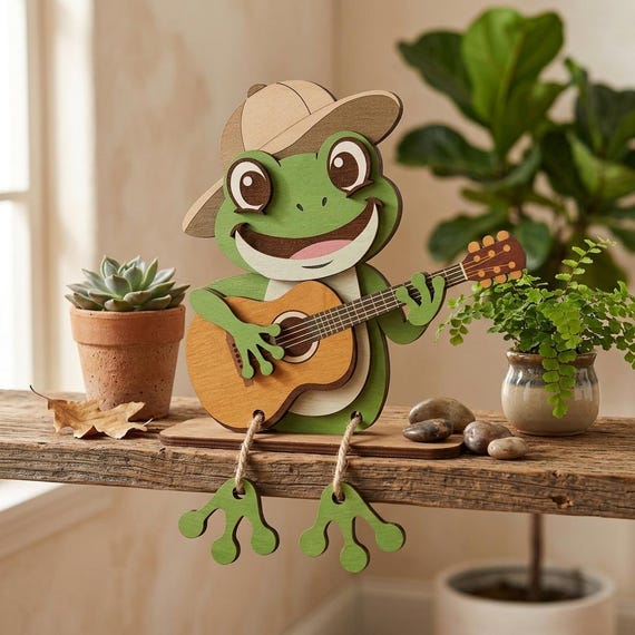 Frog Shelf Sitter SVG, Guitar Frog Decor, Cute Frog Laser Cut File, Layered Frog Shelf Sitter Wooden Craft