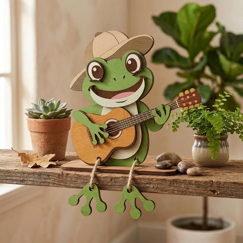 Peut inclure: Figurine en bois repr&eacute;sentant une grenouille jouant de la guitare. La grenouille est verte avec un chapeau beige et un visage souriant. La guitare est marron et beige. Les jambes de la grenouille pendent. Une petite plante succulente est &agrave; gauche.