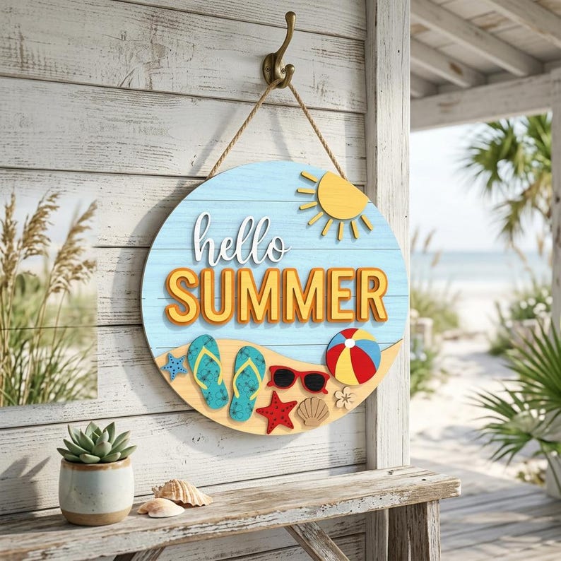 Hello Summer Beach Door Sign SVG, Flip Flop Round Door Hanger Laser Cut ...