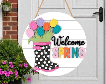 Willkommen Frühling Regen Boot Zeichen Laser geschnitten Datei, Tulpe Blume Tür Schild, 3D überlagert rundes Frühling Zeichen, Veranda Haustür Dekor, Glowforge xTool