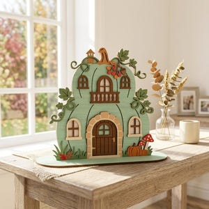 May include: A decorative wooden cutout shaped like a pumpkin house, painted in light green with brown doors and windows. It features layered details including vines, berries, an acorn, and small mushrooms at the base, all mounted on a flat oval base.