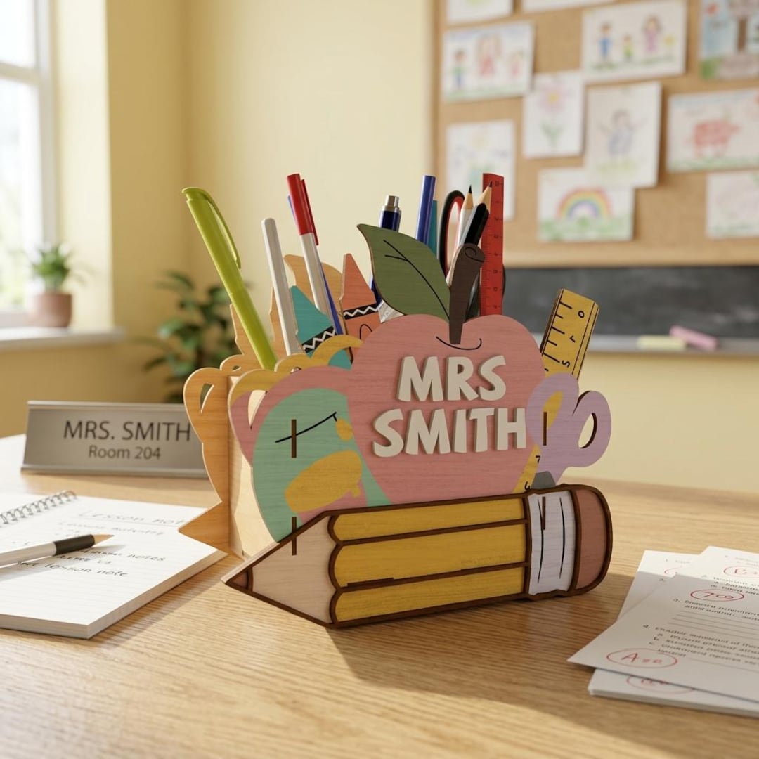 Personalized Teacher Desk Organizer SVG, Apple Pencil Holder Laser Cut ...
