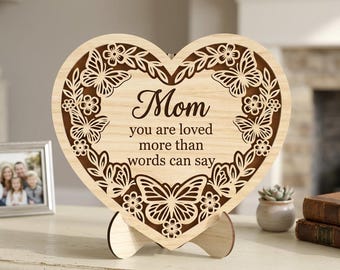 Mother's Day Butterfly Floral Heart SVG, Laser Cut Heart Plaque File, Mom Birthday Gift Wood Decor, Glowforge xTool CNC Digital Design