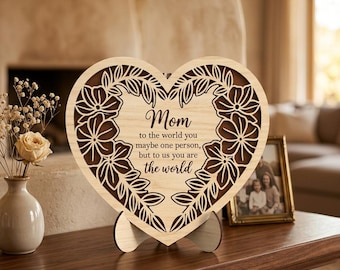 Mother's Day Heart Plaque SVG, Floral Heart Laser Cut File, Mom Gift Wood Decor, Glowforge xTool CNC Digital Design, Birthday Gift for Mom
