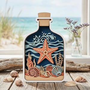 Étoile de mer dans une bouteille SVG multicouche, fichier découpé au laser 3D Ocean Shadow Box, conception d'art en bois de coquillages de mer, conception numérique de commande numérique par ordinateur de Glowforge xTool