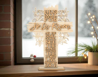 He Is Risen Cross SVG, Christian Easter Laser Cut File, Resurrection Bible Verse Matthew 28:6, Wooden Religious Cross Decor, Faith Glowforge