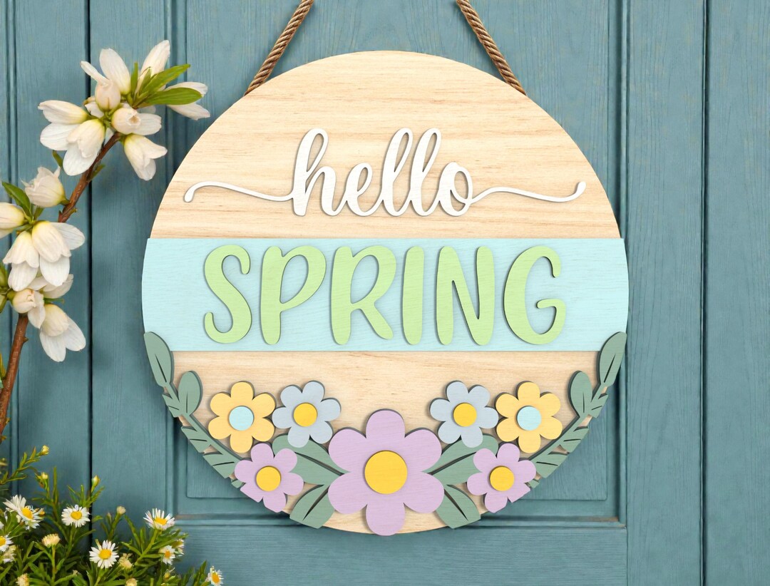 Spring Welcome Sign Digital Hello Spring Round Door Sign SVG, Layered Floral Welcome Sign, Spring ...