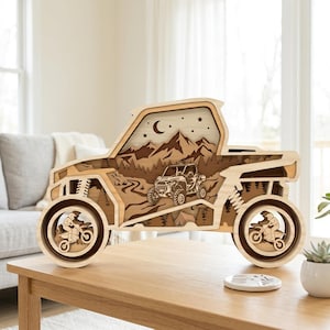 Terreinwagen meerlaags SVG, bergjeep avontuur scène, 4x4 voertuig lasergesneden bestand, rustieke garage decoratie SVG
