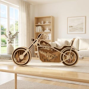 Wielowarstwowy plik SVG z motocyklem typu chopper, scena górska z motocyklem typu cruiser, niestandardowy plik wycinany laserowo z motocyklem typu chopper, dekoracja motocyklowa w formacie SVG DXF