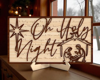 Oh Holy Night Laser SVG, cartello a strati con taglio laser della Natività, decorazioni natalizie cristiane SVG, file Glowforge della Sacra Famiglia, arte murale religiosa