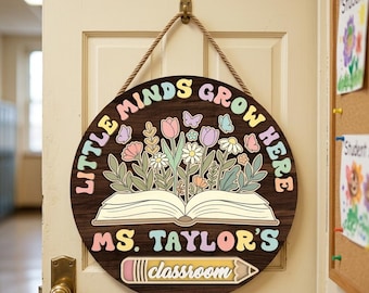 Little Minds Grow Here SVG, Personalized Teacher Classroom Sign, Book Floral Door Hanger Laser Cut File, Glowforge xTool CNC Digital Design