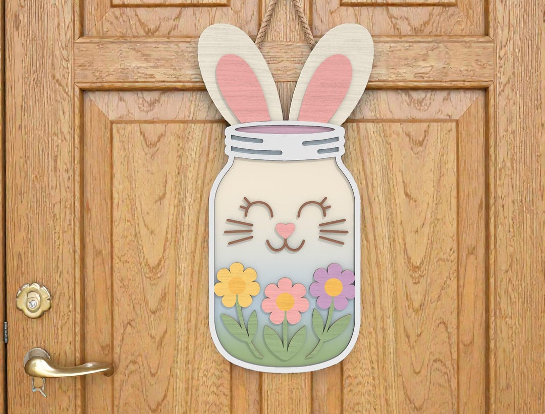 Easter Bunny Mason Jar SVG, Cute Rabbit Ears Door Hanger Laser Cut File ...