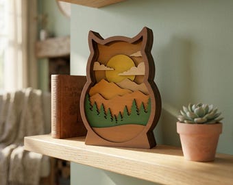 3D Layered Owl SVG, Mountain Forest Shadow Box Laser Cut File, Wildlife Bird Wood Art, Glowforge xTool CNC Digital Design, Night Owl Decor