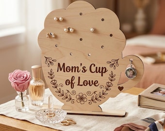 Portagioie per la Festa della Mamma SVG, Portaorecchini "Coppa dell'Amore della Mamma", Supporto per gioielli in legno, file per taglio laser, regalo per Cricut Glowforge