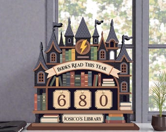 May include: A wooden bookshelf shaped like a castle with the text "BOOKS READ THIS YEAR." The bookshelf displays the number "680" and the name "JOSICO'S LIBRARY." It features a lightning bolt and various books in different colors.