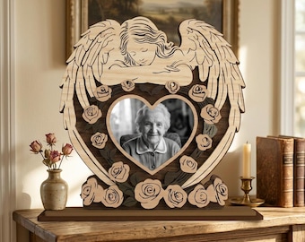 Angel Memorial Photo Frame Laser Cut File, Heart Rose Remembrance Plaque SVG, In Loving Memory Tabletop Decor for Glowforge, xTool