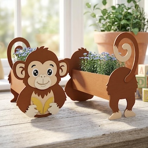Maceta con diseño de mono en formato SVG, decoración de jardín con animales, archivo de corte láser, bonito diseño de maceta de madera, arte para exteriores, diseño digital Glowforge xTool.