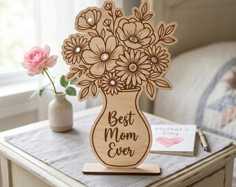 Portafiori per la Festa della Mamma SVG, Cartello con bouquet floreale "La mamma migliore di sempre", Portafiori in legno file per taglio laser, Regalo per Cricut Glowforge