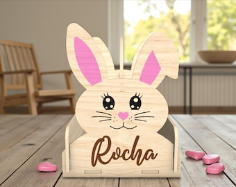 File SVG personalizzato con taglio laser a forma di coniglietto pasquale per bambina, graziosa scatola porta dolcetti con nome, decorazioni pasquali in legno per bambini, file Glowforge