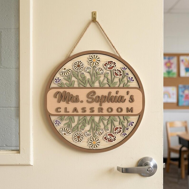 Personalized Classroom Name Sign SVG, Floral Teacher Door Hanger Laser ...