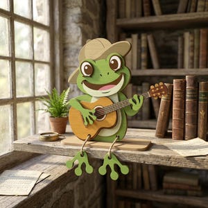 Peut inclure: Figurine en bois de grenouille jouant de la guitare, portant un chapeau beige. La grenouille est verte avec un visage souriant et des yeux bruns. La guitare est marron et beige. La figurine est sur une &eacute;tag&egrave;re en bois avec une fen&ecirc;tre et des livres en arri&egrave;re-plan.